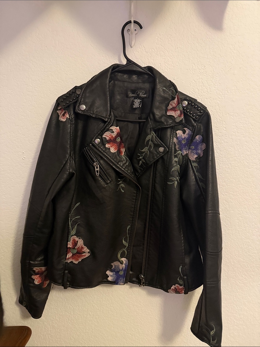 Brandon Thomas Black Faux Leather Moto Jacket with Floral Embroidery